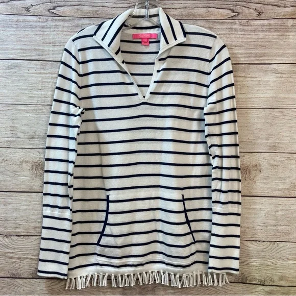 Lilly Pulitzer Crestwood Knit Sweater White Maritime Stripe Fringes Size Small - Picture 2 of 7